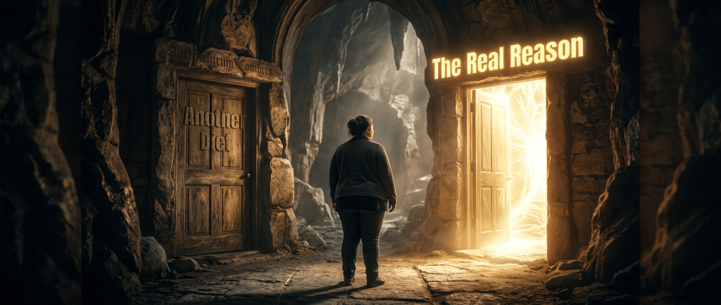 Person choosing between doors labeled “Another Diet” and “The Real Reason”