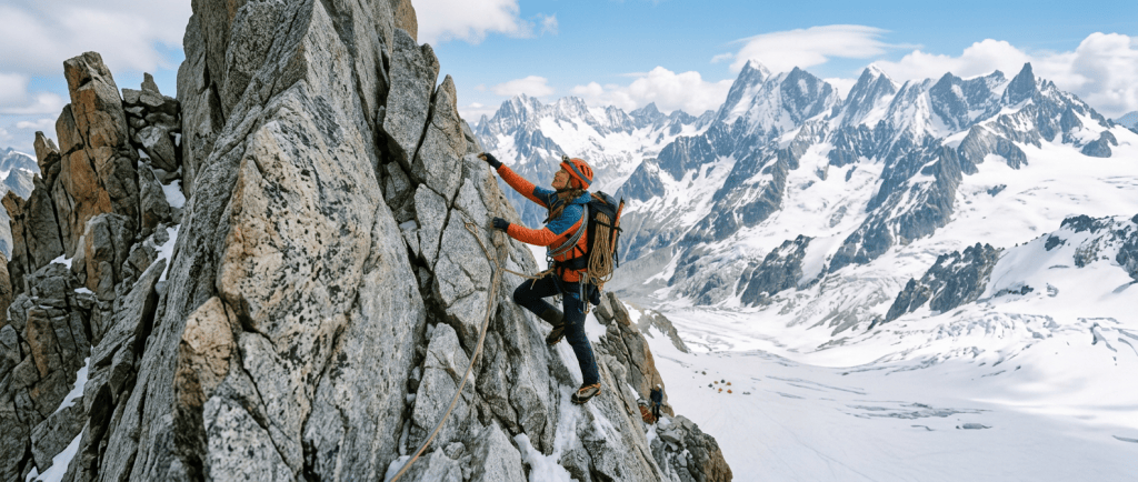 Climber ascending a rocky alpine route above a snow-covered mountain range