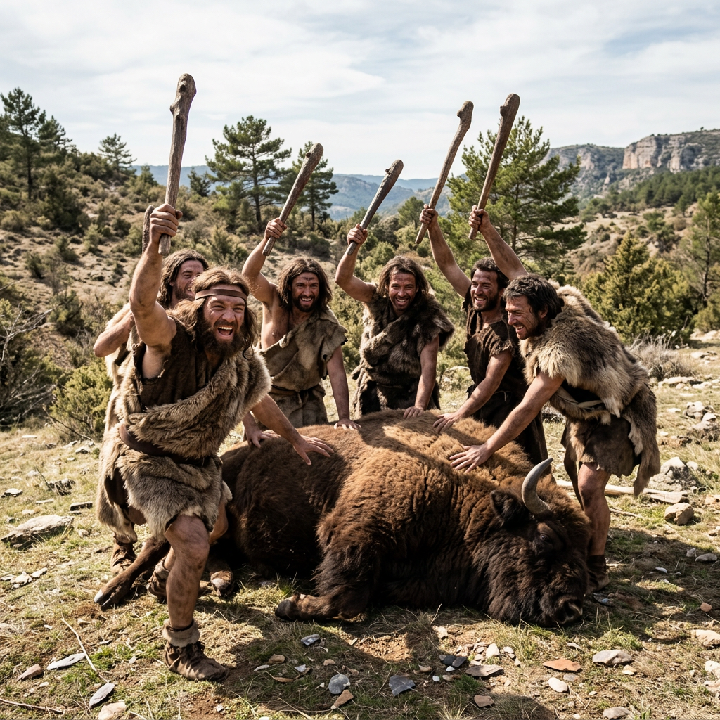 Six prehistoric hunters raising wooden clubs around a fallen bison