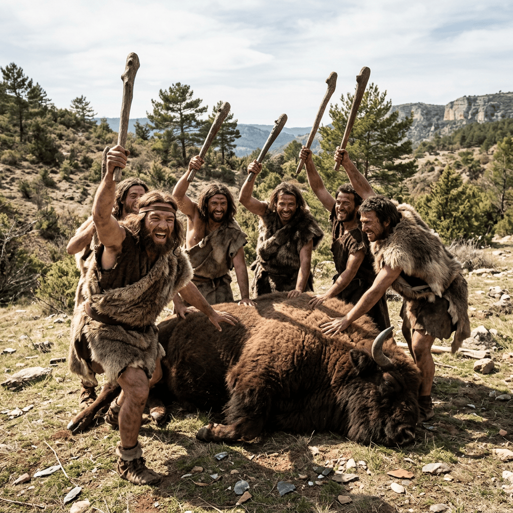Six prehistoric hunters raising wooden clubs around a fallen bison